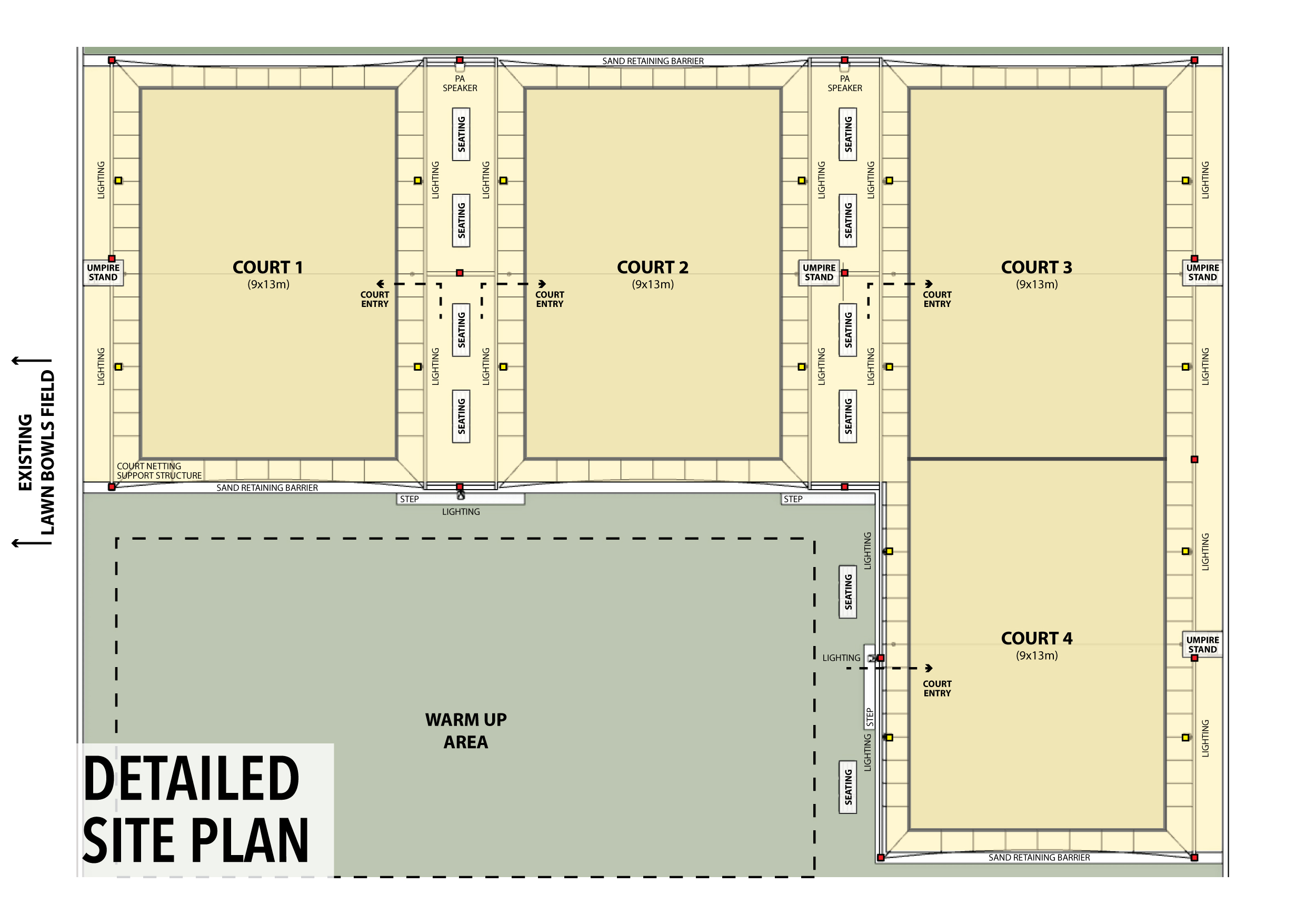 Detailed plan showing four courts and a warm-up area