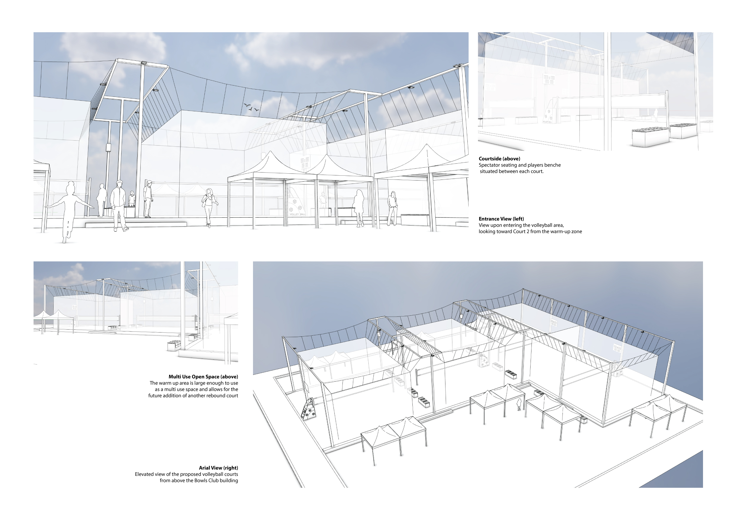Architectural views of the proposed rebound volleyball courts