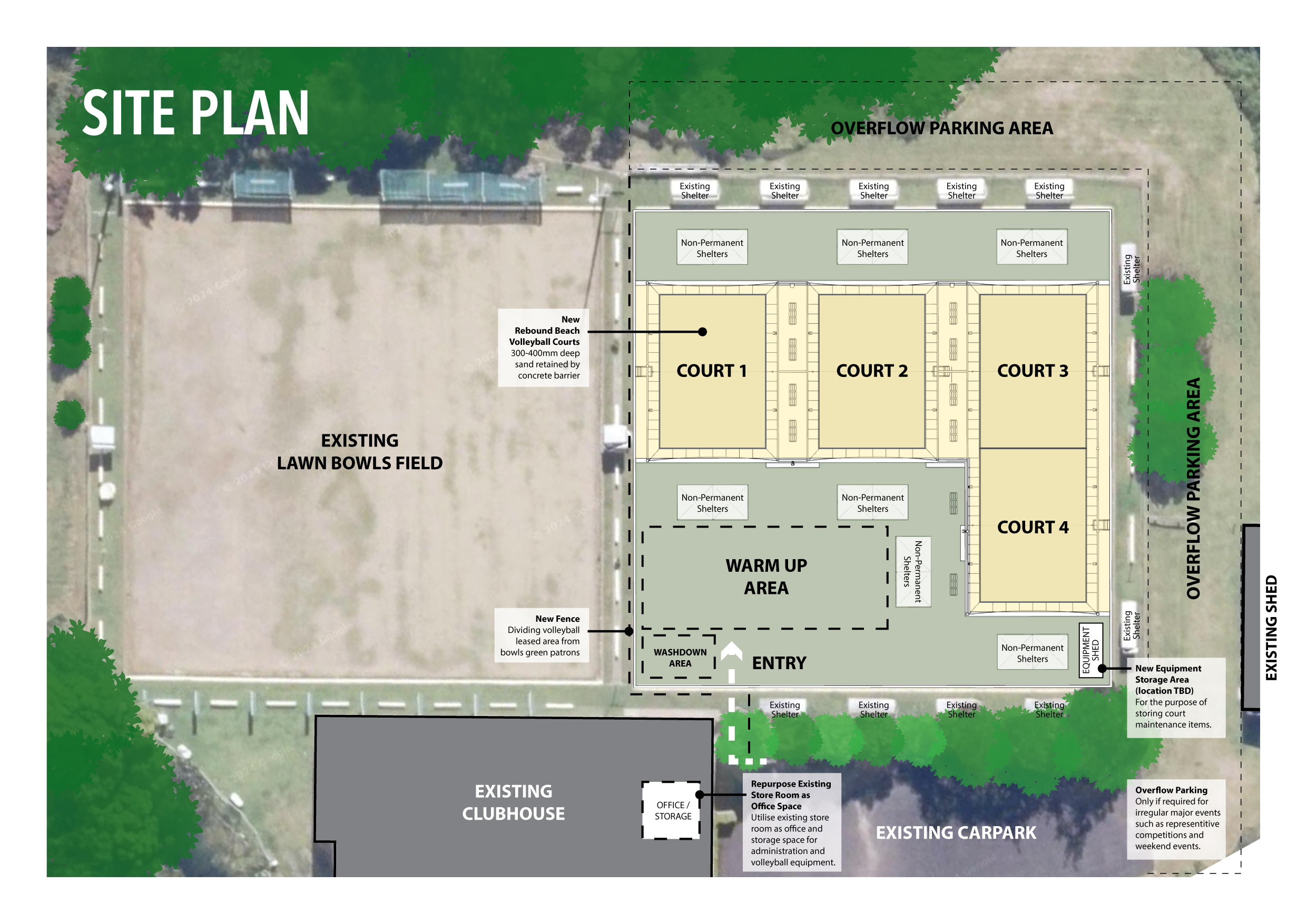 Site plan showing the proposed four-court venue layout